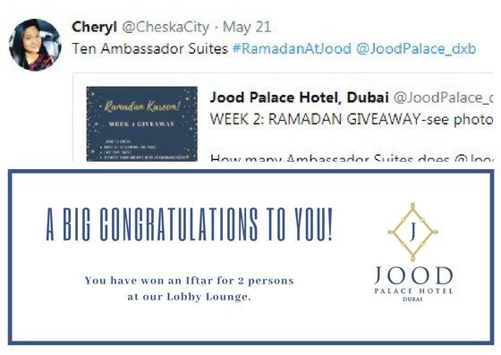 JoodPalace_dxb's tweet photo. Congratulations to our TWT Giveaway Winner, @CheskaCity
We will send you a DM to claim your voucher!

2 more vouchers to be given away, stay posted!

#RamadanAtJood #Dubai #JoodHospitality #UAE #delightfulchoice #win #competition #giveaway #ramadan #DubaiGiveaways #Iftar https://t.co/Z5m4WRjILp