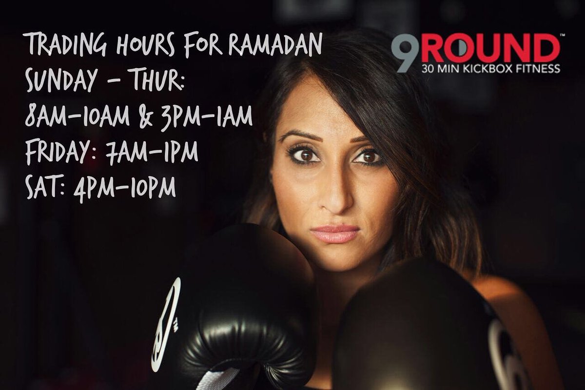 9RoundUAE's tweet photo. 9 Round Dubai Ramadan operating hours

sunday-thur 8am-10am/ 3pm-1am

friday - 7am-1pm

sat - 4pm-10pm

Have a great day💪😀 https://t.co/dp9SZGqGR3