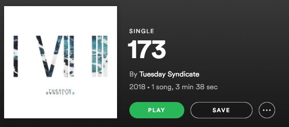 TuesSyndicate's tweet photo. '173' is also available on Spotify!

Stream now: https://t.co/3ShI9br21N https://t.co/rObyWLRUKs