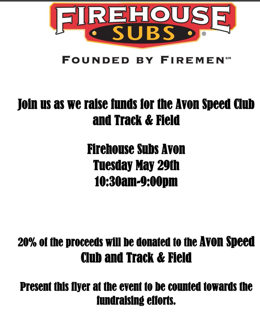 Avon Distance (@avondistance) on Twitter photo Join us on Tuesday (May 29) at the Avon Firehouse Subs for our last dine & donate of the season! Show this flyer and <a href="/AvonSpeedClub/">Avon Speed Club</a> will get 20% of your Bill! Join us on Tuesday (May 29) at the Avon Firehouse Subs for our last dine & donate of the season! Show this flyer and <a href="/AvonSpeedClub/">Avon Speed Club</a> will get 20% of your Bill!
