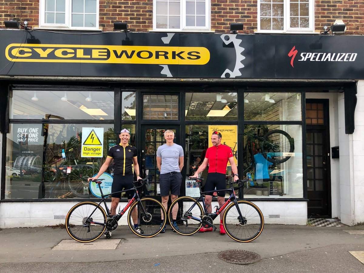 DomMillar's tweet photo. Thanks to Simon and the guys at @cycleworks @Specialized_UK we picked up our amazing new rides yesterday morning and subsequently smashed PRs all over the place. The perfect bike for #100climbschallenge #localbikeshops #shoplocal https://t.co/68960FU8on https://t.co/RljaD6snZc