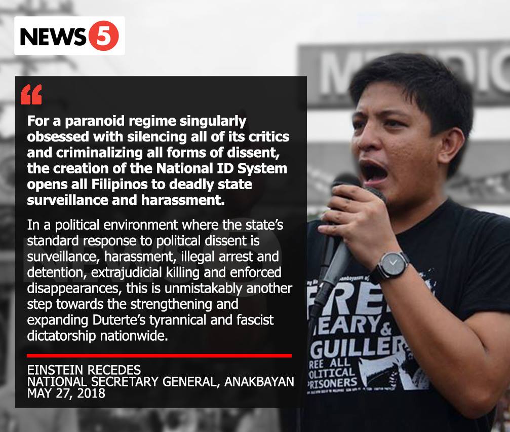 News5PH's tweet photo. Tinuligsa ng grupong Anakbayan ang panukalang National ID System ng gobyerno. https://t.co/dexgytmg8z