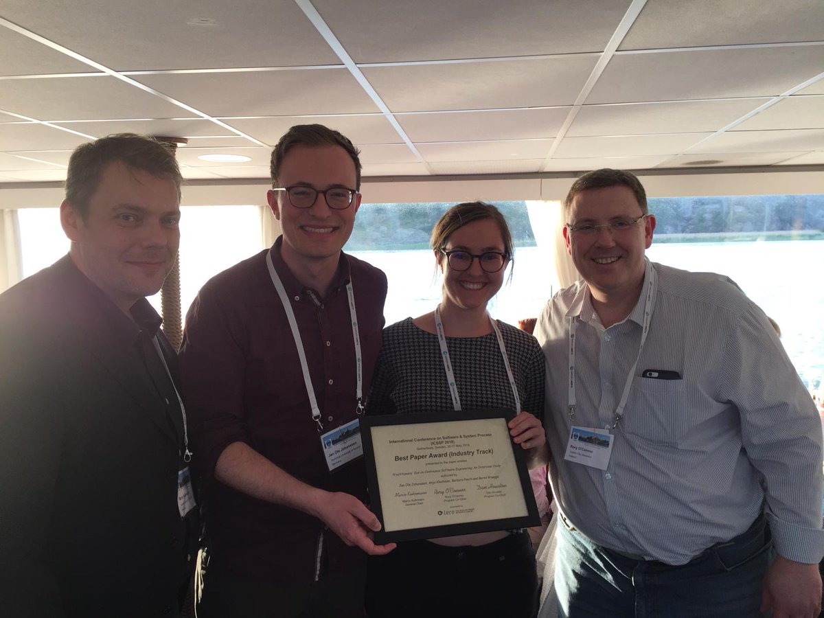 ICSSP's tweet photo. Congratulations to the authors of the two best papers at @ICSSP ! Industry track &amp; research track #icssp18 @roryvoconnor @janjohanssen @anjakleebaum Barbara Paech @bb_mountainlion @TU_Muenchen @ls1intum Rebekka Wohlrab @oerich https://t.co/kdpZuF8HeO