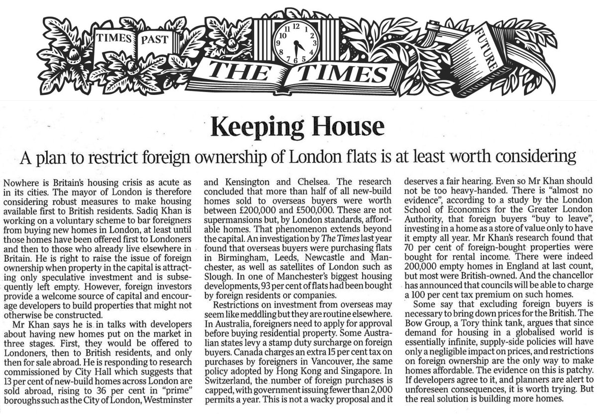 The Times referred to my theory on housing in its leader column. Building more houses is NOT the answer to dealing with housing. We have to restrain foreign demand in order to give Brits a chance. <a href="/bowgroup/">Bow Group</a> #housingmarket #housingcrisis #housing