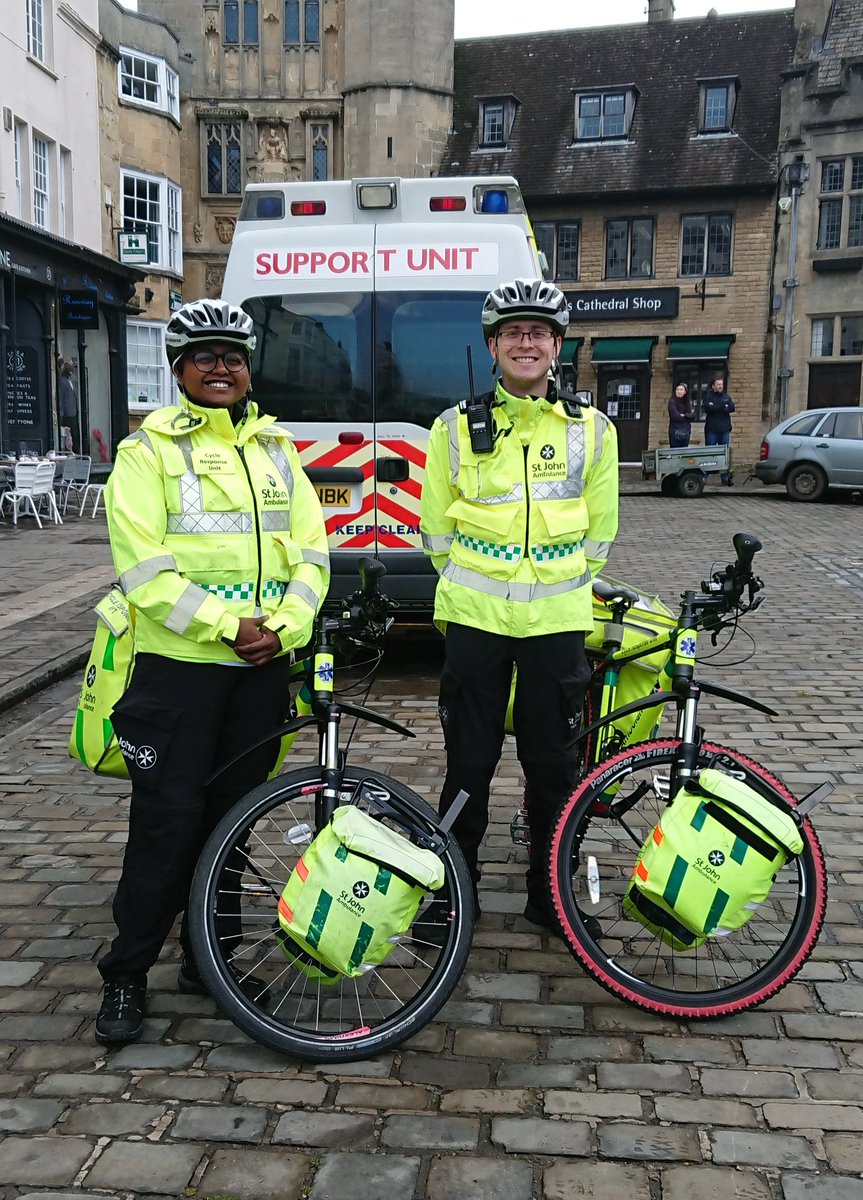 Today two of our cyclists are out looking after the runners at the Wells Fun Run with <a href="/sjawells/">St John Ambulance Wells</a> #MySJADay