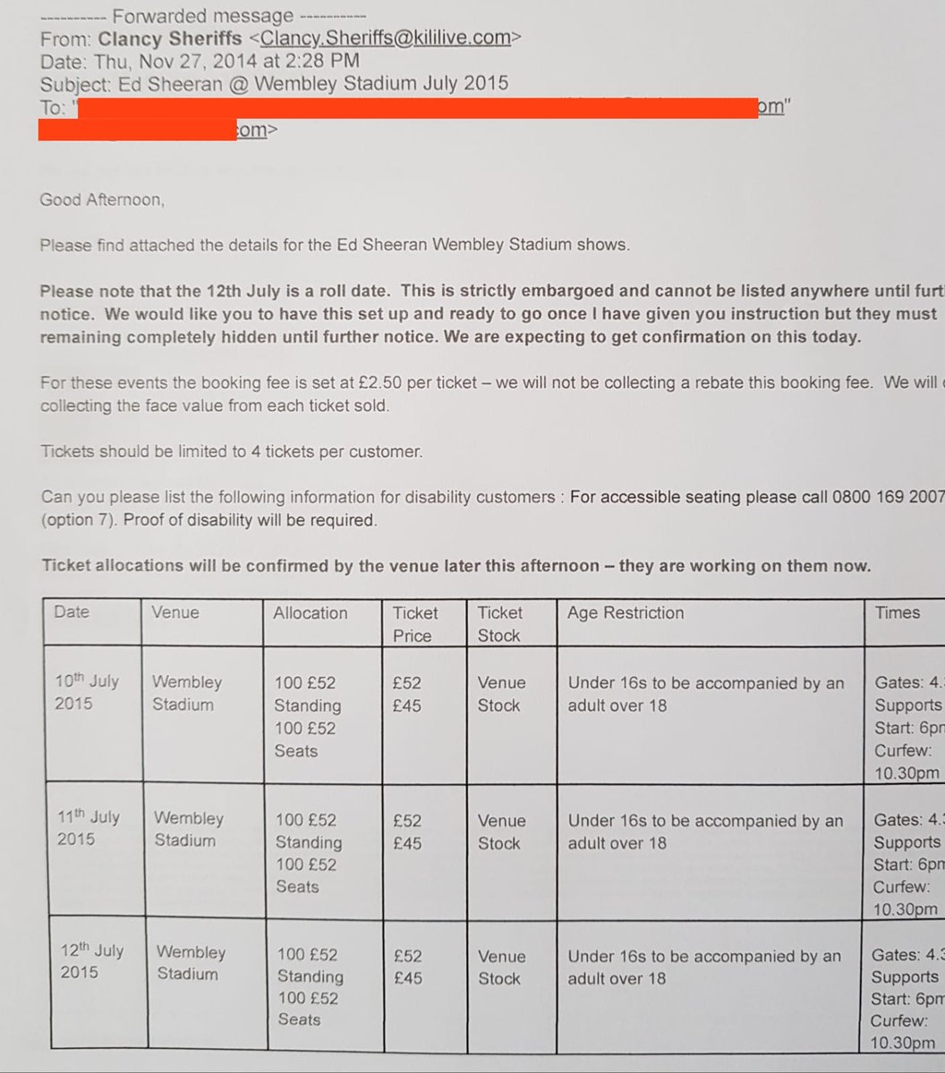 Ticket_leaks's tweet photo. BREAKING: (Re-Tweet!)
Evidence implies Clancy Sheriffs of @KilimanjaroLive sold 600 @edsheeran tickets for his 2015 tour direct to a single secondary seller.  We'd invite the Stuart Galbraith to deny this allegation?  Further evidence coming to light for his current tour... https://t.co/Zkxg2lwa2I