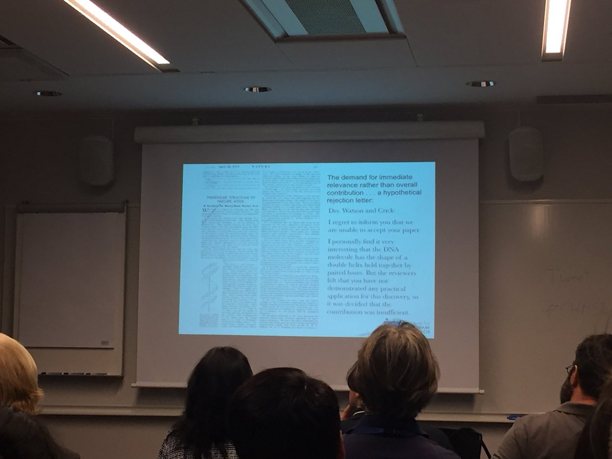 agileRashina's tweet photo. Science is about theory; demanding immediate impact or application can stifle long-term progress. Point in case a hypothetical rejection letter of double helix DNA structure to Drs. Watson &amp; Crick: Prof James Herbsleb, #CHASE18 keynote @ICSEconf #ICSE2018 @CarnegieMellon https://t.co/HBcChWJTqL