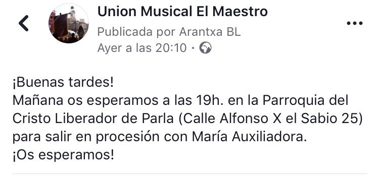Hoy os esperamos en Parla para acompañar a María Auxiliadora 🔝🔝