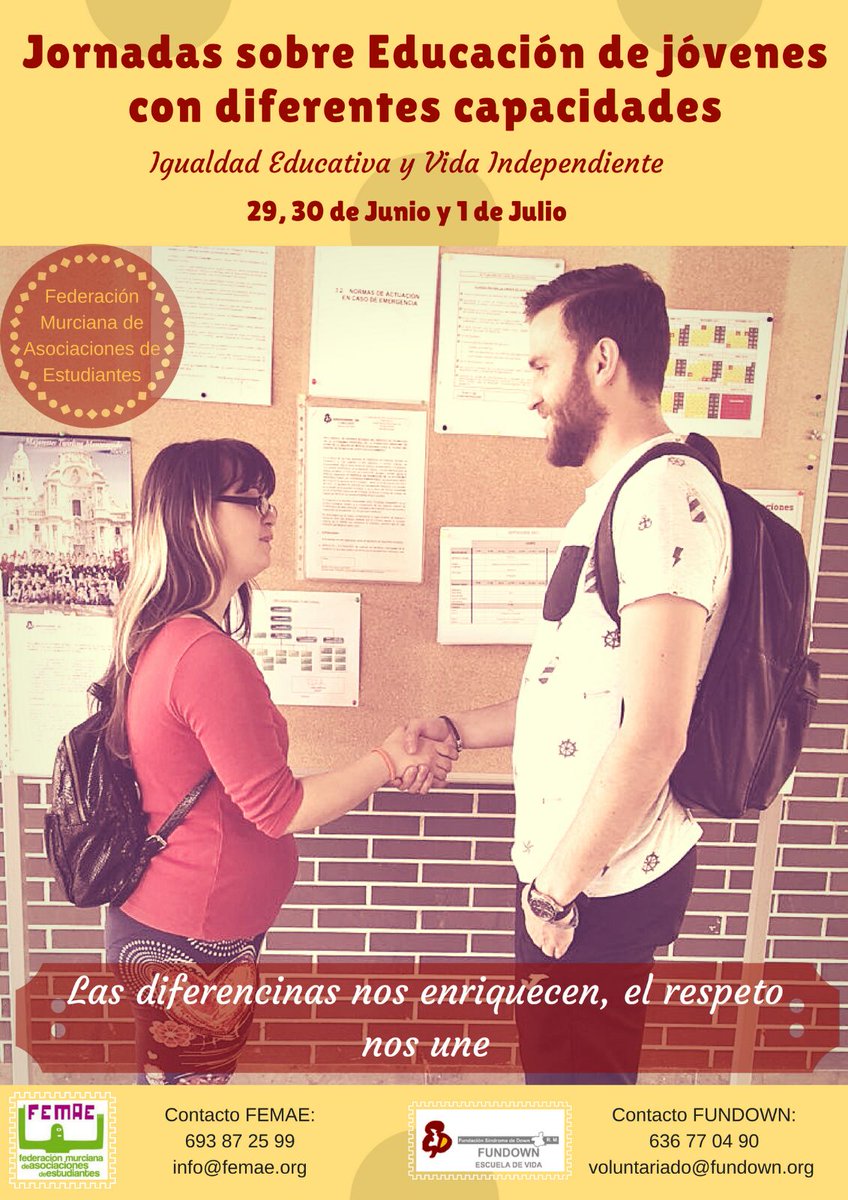 femaemurcia's tweet photo. Nos unimos con @FUNDOWNMURCIA para organizar unas jornadas sobre igualdad en la educación y vida independiente. Sin duda, una de las sorpresas del ´Verano del 25 Aniversario de FEMAE´. #25AñosFEMAE +INFO 👇
https://t.co/KSds3ENyQe https://t.co/DApb1u9ltC