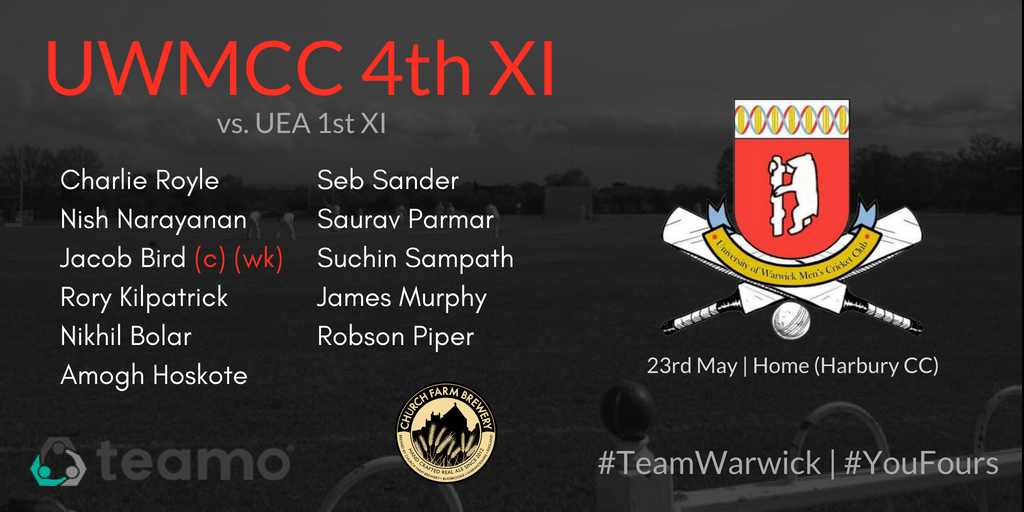 UoWMCC's tweet photo. One game survives the tropical storms of last night as #YouFours take on @UEA_CC at our adopted home for the day, Harbury CC. Jacob Bird takes on the captaincy today. Best of luck! #TeamWarwick https://t.co/CET5eR8jqO