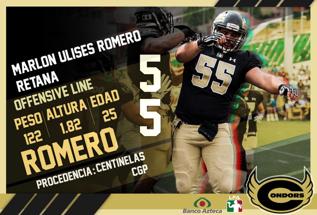 CondorsLFA's tweet photo. ¡Marlon Romero es el número 55 de nuestra #FuerzaCondors! Cada miembro de esta familia es importante. 🏈 https://t.co/XTOC2aKxfO