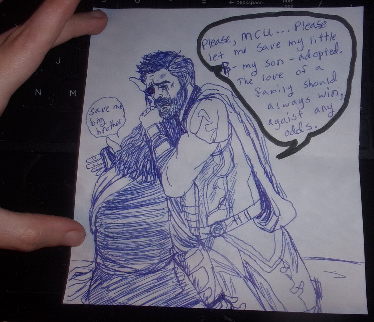 GethelpforLoki's tweet photo. SPOLIER WARNING! #Thorart #originalart #inkscribble #InfinityWar the picture I sent to #MarvelEntertainment #Loki #LokiLaufeyson #ThorOdinson #Disney #SaveLoki #SaveGamora @thorofficial @Marvel @Disney @DisneyStudios https://t.co/co1AlacNwP