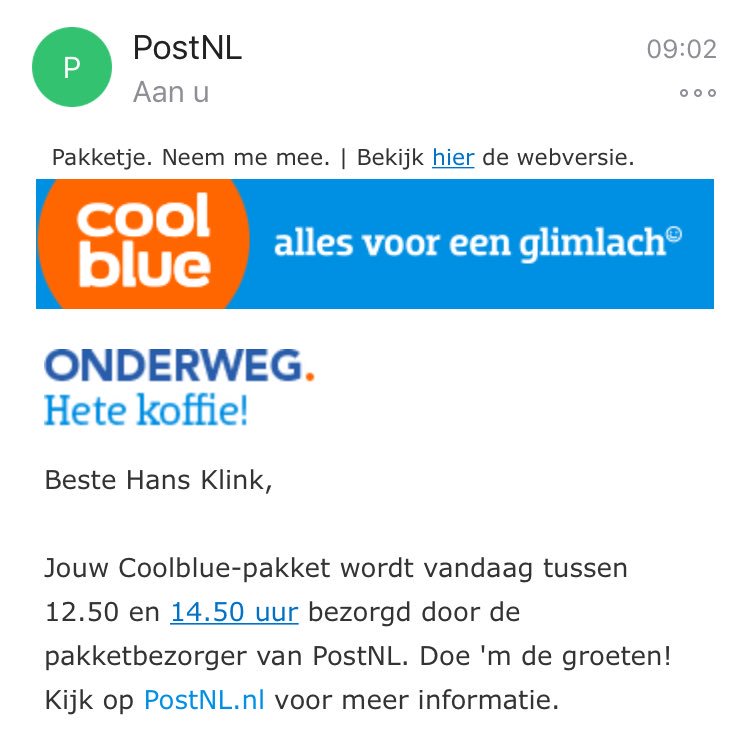 De koffie is inmiddels koud! <a href="/PostNL/">PostNL</a> <a href="/Coolblue_NL/">Coolblue</a> tip; volgende keer @DHLNL ?