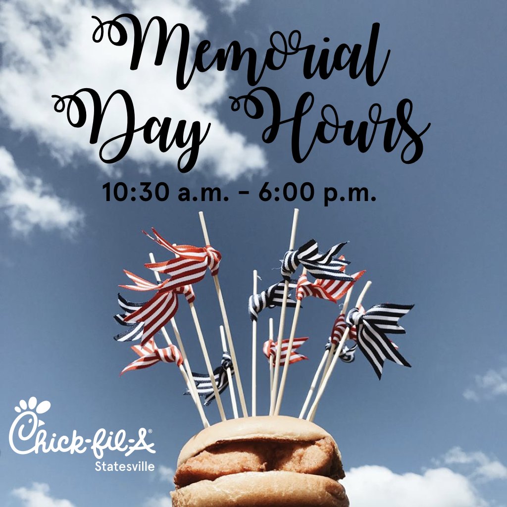 cfastatesville's tweet photo. ATTN: We will be open 10:30 a.m. - 6:00 p.m. on Monday, May 28th, for Memorial Day. Normal operational hours will continue on Tuesday! We thank all men and women who have served and currently serve for their sacrifice to our nation. https://t.co/9sxQsORcT8