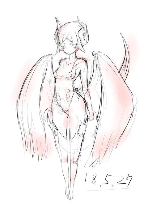 唐突に細身な角と羽根としっぽが生えてる系の
基本的に太いキャラの方が好きかもなんだけど、たまに意識的に細身を描くとすげー楽しいんだよな・・・あとツリ目・・・ 