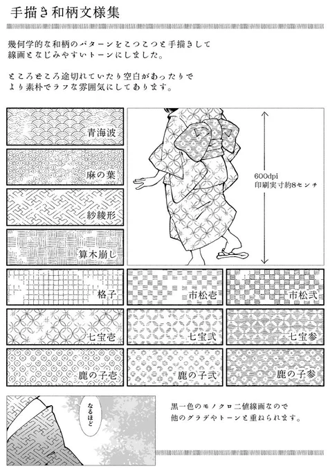 地味に描きためてきた定番柄トーン集をアップしました和系クラスタの漫画描きさんにぜひどうぞ（もちろん他のジャンルでも）手描き和柄文様集 by ばれった  #clipstudio 