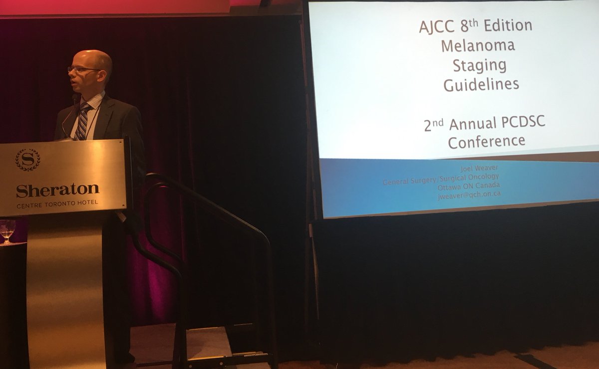 PCDSCanada's tweet photo. Thank you to Dr. Joel Weaver for updating us on the new AJCC 8th Edition Melanoma Staging Guidelines! #pcdsc2018 #melanoma https://t.co/QzvJHOPizc