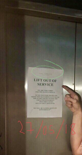 TheTerraceSW19's tweet photo. Lol spotted yesterday @ the new ‘Terrace’. They can afford the new rent but still can’t afford a new lift.
Or their own notice! 😜@EatOutLots https://t.co/IFsMxZT25m