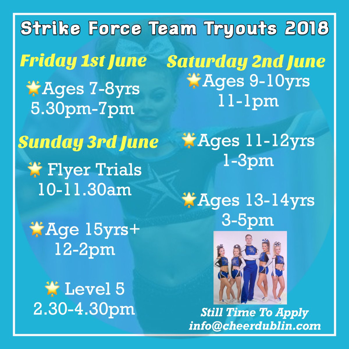 StrikeForceIE's tweet photo. Our tryout schedule!! Be there #strikeforcecheer #bleedblue #OTOFA https://t.co/bzJ7ztjE6D