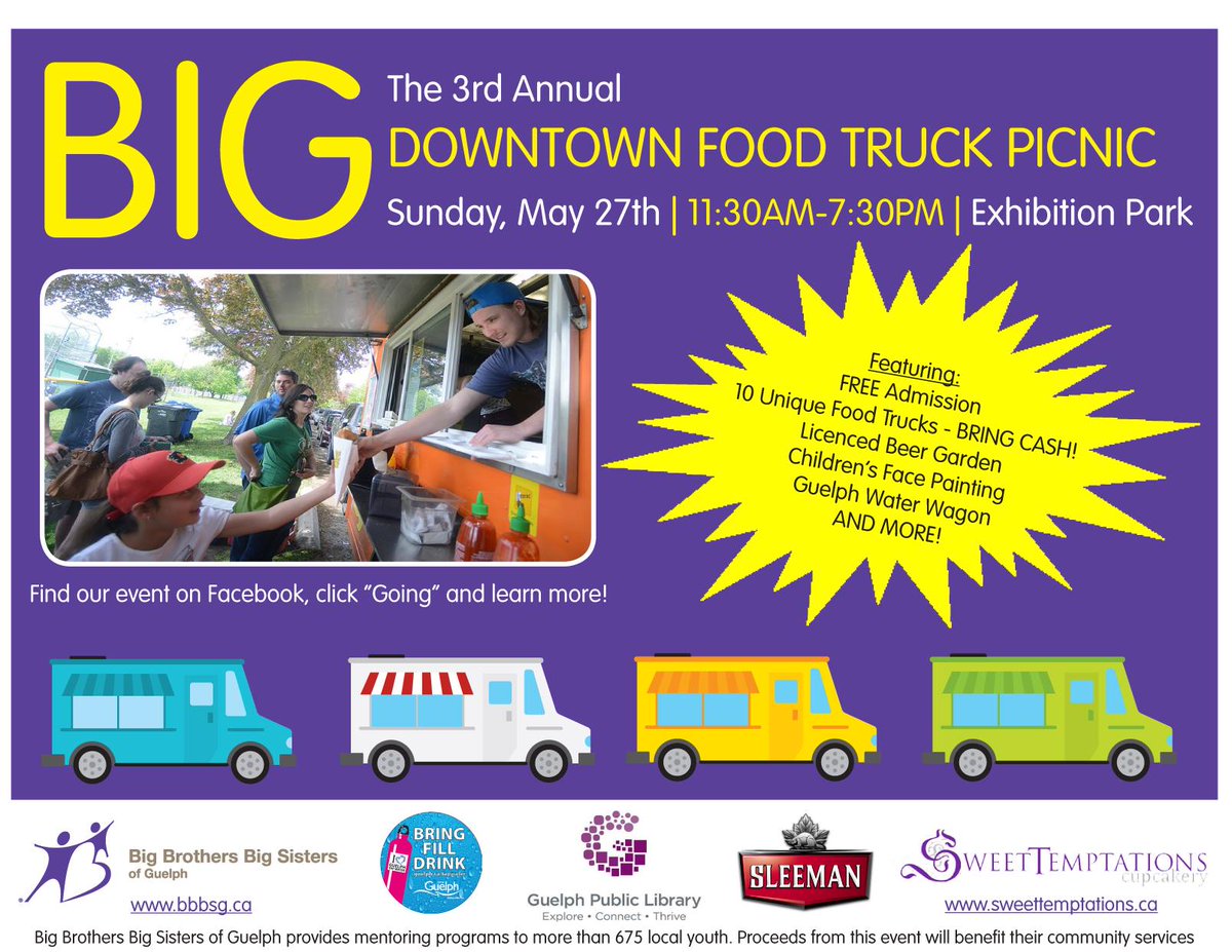 Head to Exhibition Park today for the 3rd annual Big Downtown Food Truck Picnic! 11 different food trucks, live music, a beer garden, face painting, children's activities and the City of Guelph water wagon will be there! #visitguelph #guelph