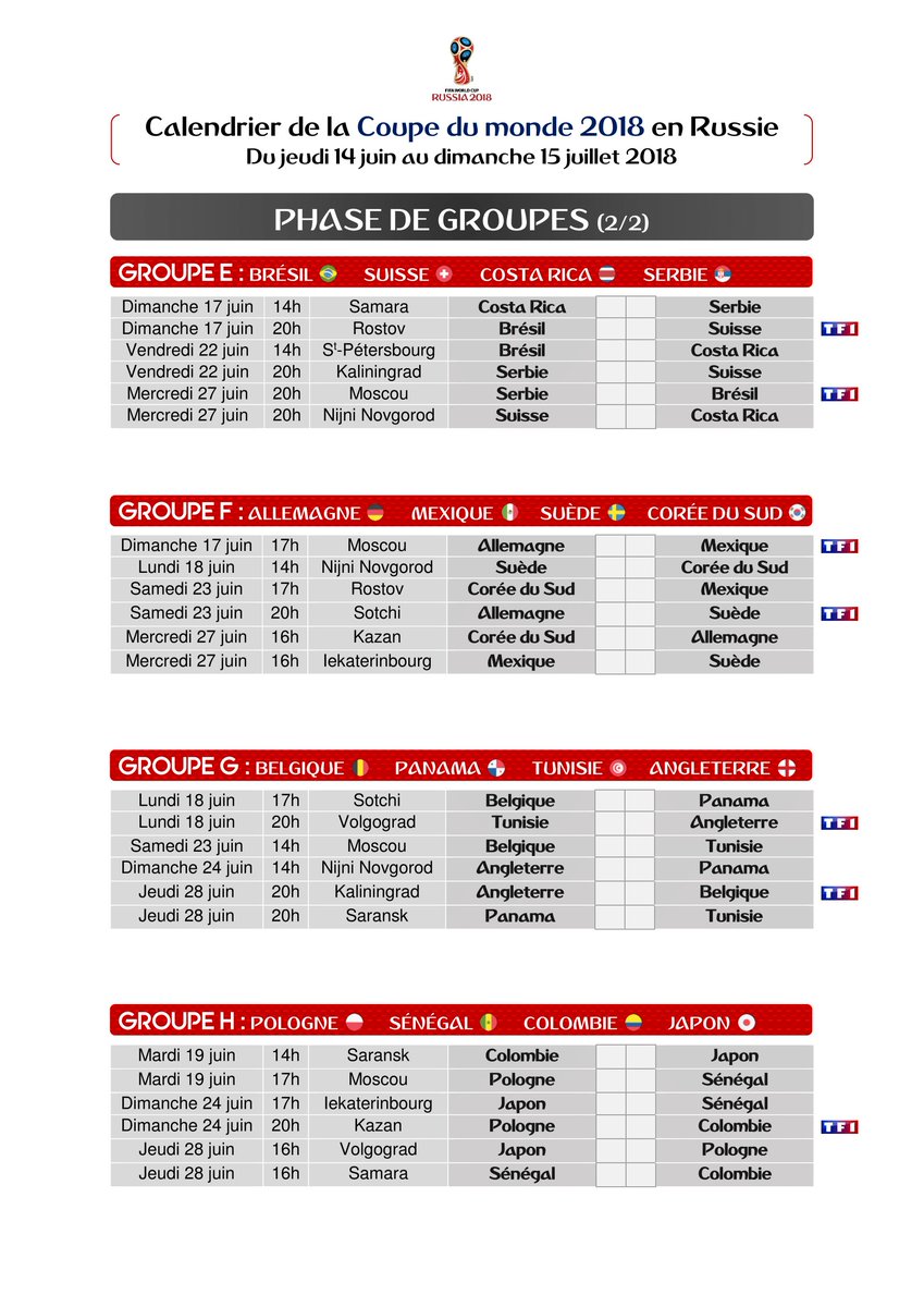 ActuFoot_'s tweet image. Le calendrier complet à imprimer de la Coupe du monde 2018 ! 🏆