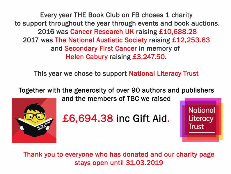 Tr4cyF3nt0n's tweet photo. Yet another successful Month Long Book Auction at #TBConFB raising money for @Literacy_Trust. Just under £7k in a month and we still have another 7 months left to reach our target. #TBCrocks and thank you to the generosity of the authors, publishers and members who donated. https://t.co/9PJdjSgg7X