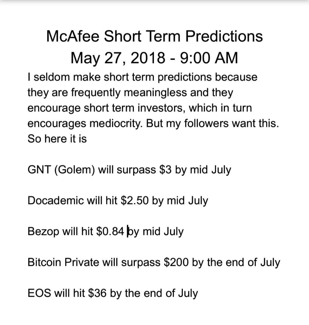 John Mcafee On Twitter Updated Short Term Predictions - 