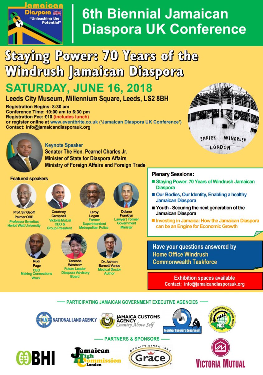 Staying Power: 70 Years of the #Windrush Jamaican Diaspora - conference on Sat 16 June in Leeds. Buy Tickets: eventbrite.co.uk/e/jamaican-dia…