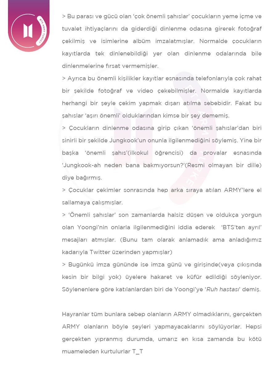 [180527] Son zamanlarda müzik şovu kayıtlarında ARMY ve BTS'in katlandığı zorluklar, bugünkü imza gününde yaşanan olaylar hakkında birkaç anlatım derledik. Hatamız veya eksiğimiz varsa belirtin. Umarız tüm bu yaşananlar bir an önce son bulur.🙏

cr. sugafull27, qoqod7, minmeraki