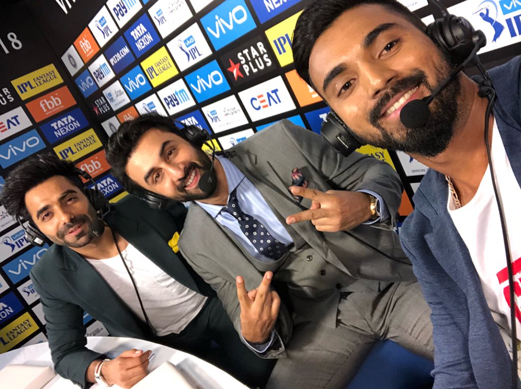 klrahul's tweet photo. Had fun trying something new for the #IPL2018 Final. Commentating with Ranbir Kapoor and @Aparshakti . 🤓👑 
#VivoIPL2018 #StarSports https://t.co/FwQhzUAkwV