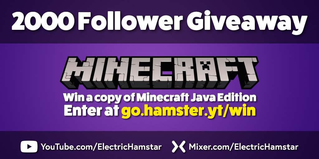 To celebrate reaching 2000 followers on <a href="/WatchMixer/">Mixer</a>, we're giving away a FREE copy of #Minecraft Java Edition (worth $26.95) to one lucky winner!

🎉 ENTER TO WIN AT GO.HAMSTER.YT/WIN
📺 Watch streams live at Mixer.com/ElectricHamstar
▶️ Subscribe at YouTube.com/ElectricHamstar