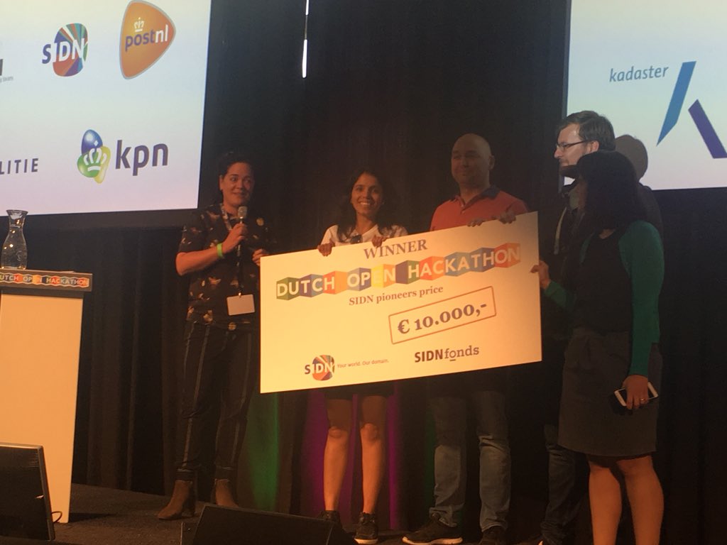 dutchhackathon's tweet photo. The @sidnfonds Pioneer prize for #dutchhack18 goes to the Crime Buster Bot for creating a great solution thats helps consumers identify fake websites #doh18 #congrats https://t.co/bFdiL6hVP7