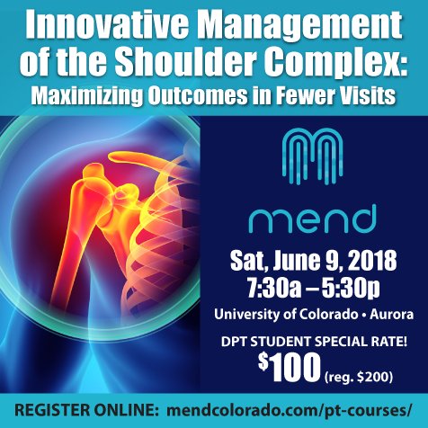 MendColo's tweet photo. A few spots available for our June 9th shoulder course in Denver
#orthopt #manualpt #freshpt #dptstudent 
Register Here https://t.co/AUAu4ubQhV https://t.co/Sf7FzGXrb3