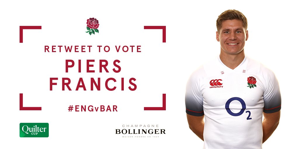 EnglandRugby's tweet photo. Time to vote for your @BollingerUK #QuilterCup Man of the Match...

RT for @piers_francis 🌹

#ENGvBAR https://t.co/VIm9oecXeY