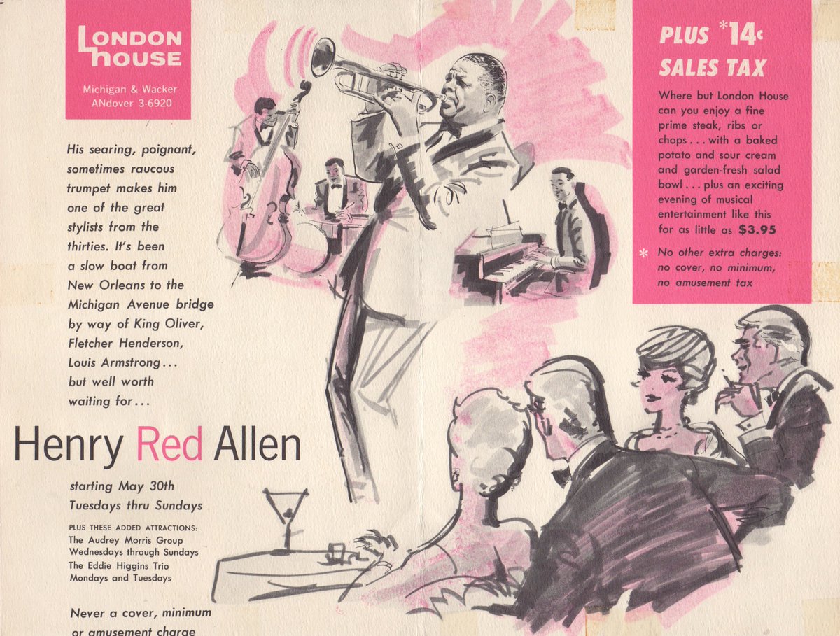 Mister_Kellys's tweet photo. The talented Henry "Red" Allen played trumpet for some of the biggest names in jazz (King Oliver, Billie Holiday, Benny Goodman), but in May 1961, he was headlining London House with a band of his own. #LondonHouse #HenryRedAllen #jazz #1960s #Chicago https://t.co/MzBDfZb0j9