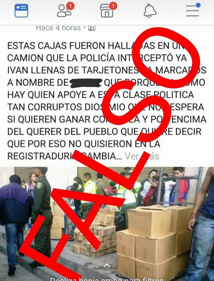 PoliciaColombia's tweet photo. Atención Noticia Falsa. #FakeNews circula noticia falsa que da cuenta de supuesta incautación por parte de la Policía de tarjetones marcados, eso es FALSO, la verdadera noticia fue en 2014 y se trató de la incautación de licor adulterado. Favor compartir https://t.co/2LvO1pe6Nk