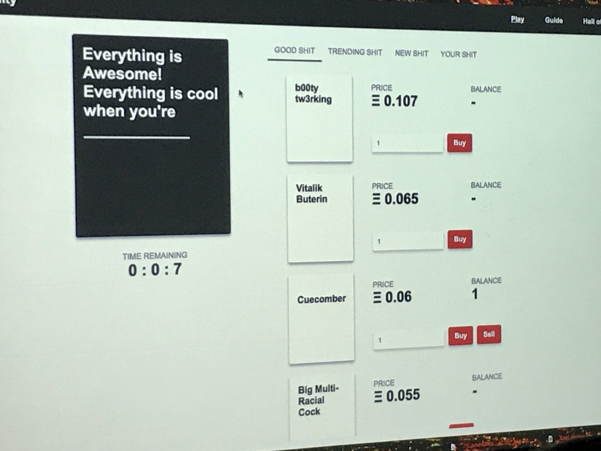lrettig's tweet photo. Winner 4/6 of @ethbuenosaires: Crypto Against Humanity: one global curated card game where the white cards are minted using bonding curves. The black card changes every 12 hrs. Very clever use of cryptoeconomic primitives! https://t.co/gm2G5trSor https://t.co/VoajeC4t85