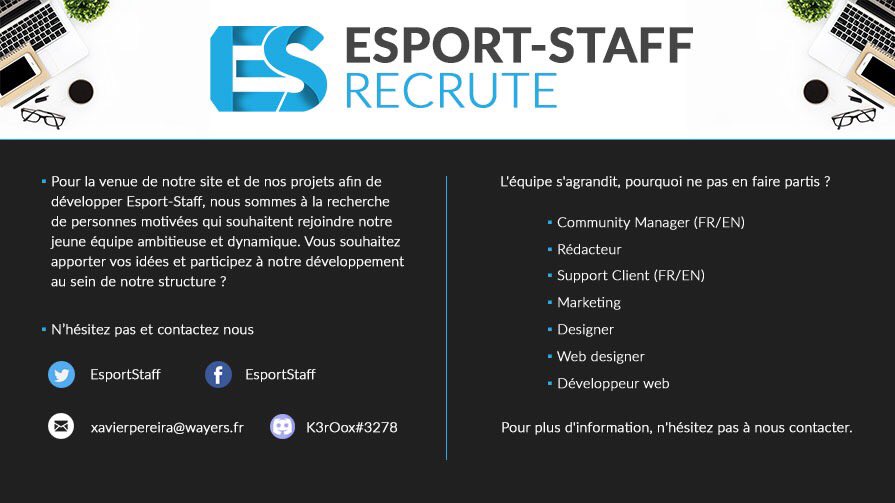 EsportStaff's tweet photo. Bonjour à tous, 

Nous sommes à la recherche de nouveaux coéquipiers afin de vous proposez une équipe de qualité. 

Si vous êtes intéressé, nos dm sont ouverts. 

#EsportStaff https://t.co/lqP89iZ3ve