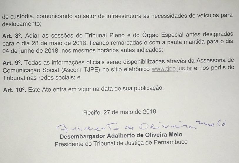 Fred_Duarte's tweet photo. TJPE suspende expediente nos dias 28, 29 e 30/maio devido à paralisação dos caminhoneiros. Confira o ato. @TJPE_oficial #TJPE #Caminhoneiros https://t.co/9th38qrEDB