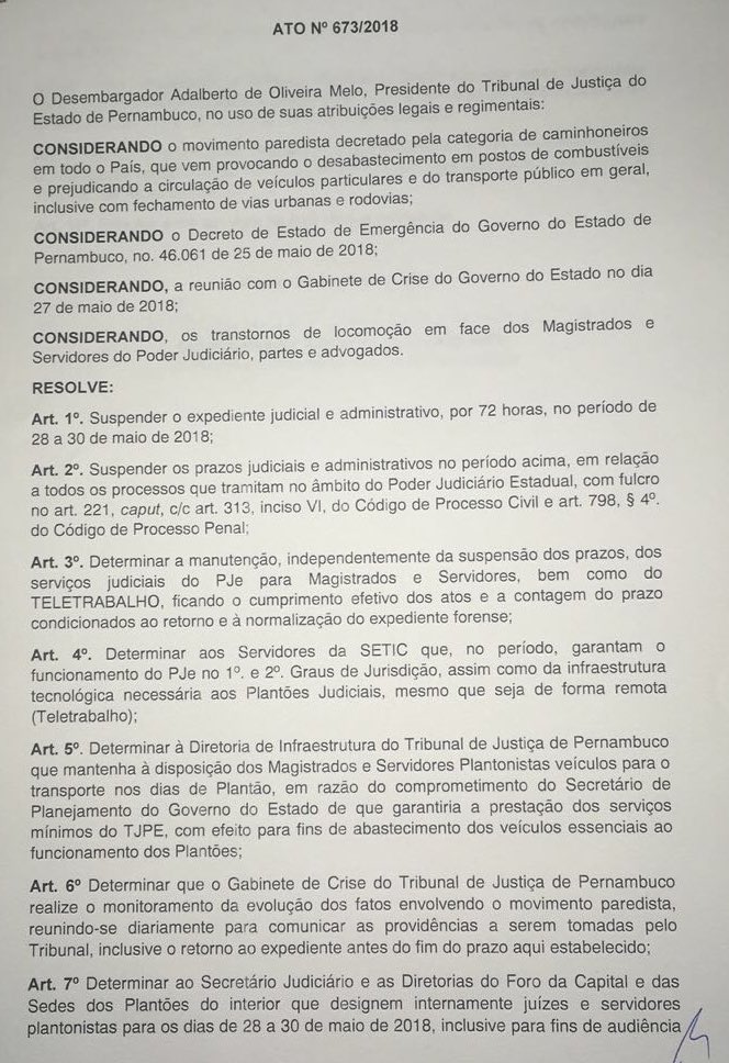 Fred_Duarte's tweet photo. TJPE suspende expediente nos dias 28, 29 e 30/maio devido à paralisação dos caminhoneiros. Confira o ato. @TJPE_oficial #TJPE #Caminhoneiros https://t.co/9th38qrEDB