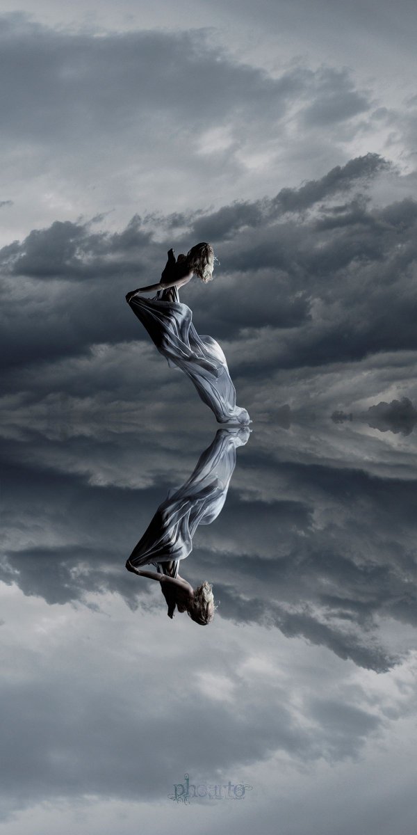 Roland Nikrandt Titel Water Reflection Model Stock Painting Photo Digitalart Phoarto Roland Nikrandt Lights Blue Clouds White Water Mirror Reflection Art Collage Digitalart Graphic Illustration Woman Sky Wind
