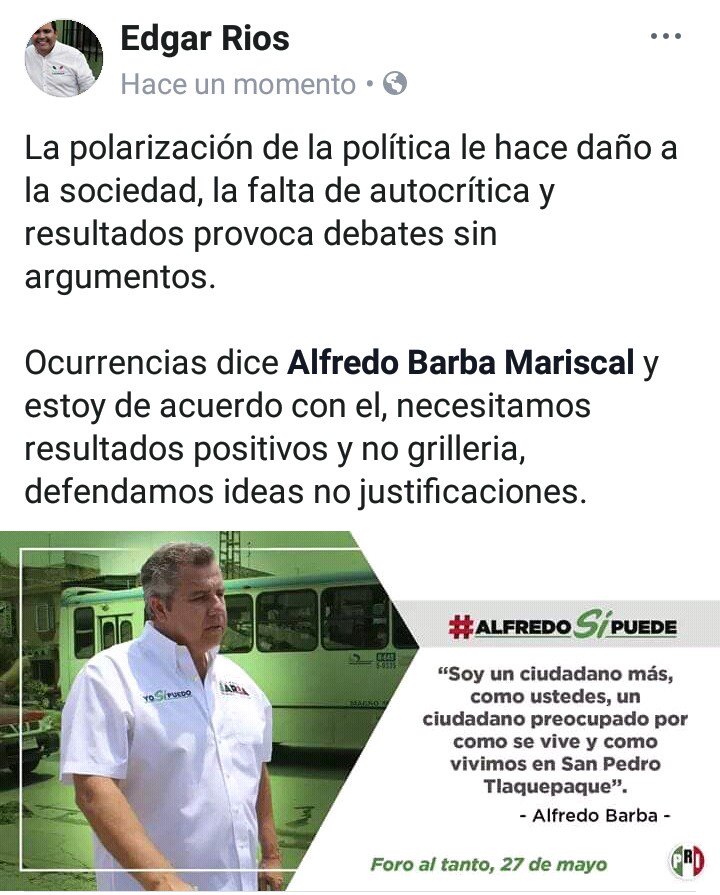edgarriosdl's tweet photo. @alfredbarbam Debate con respeto y seriedad, con ideas claras y sensatas #AlfredoSíPuede https://t.co/IedRoBWZxJ