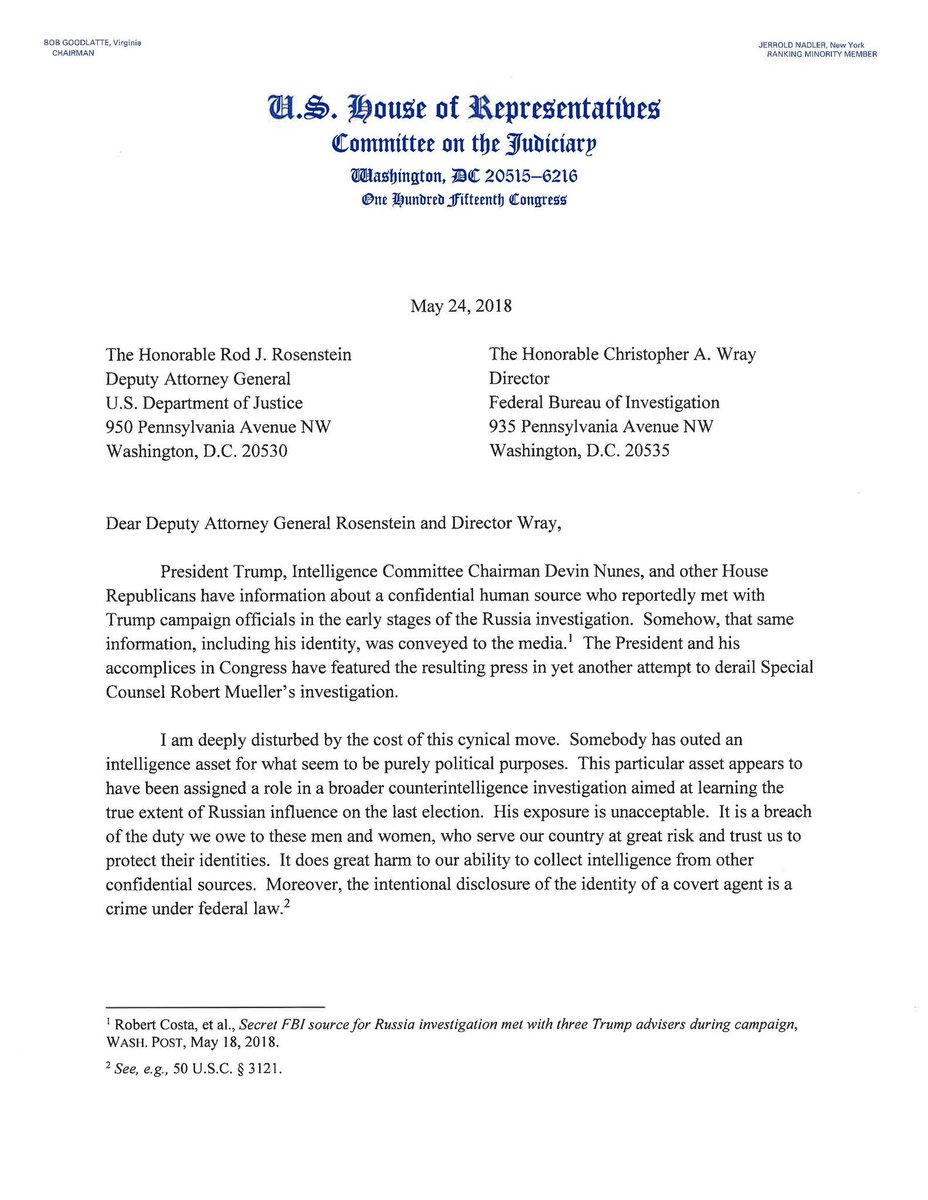 kylegriffin1's tweet photo. Rep. Jerry Nadler has now formally requested that the Justice Department investigate the apparent leak of the identity of the FBI’s confidential informant, which he says is in violation of the Intelligence Identities Protection Act. https://t.co/sebPdpuWdQ