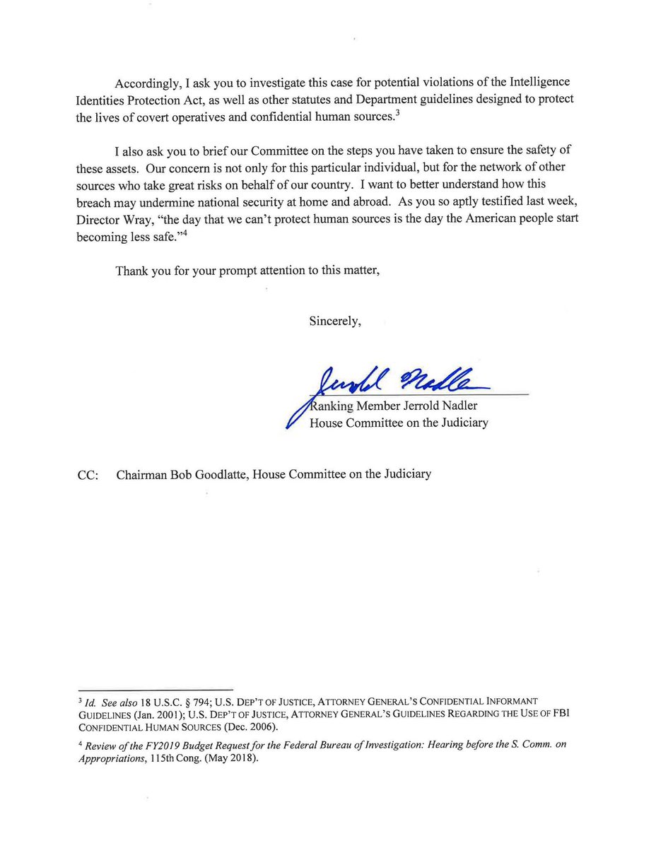 kylegriffin1's tweet photo. Rep. Jerry Nadler has now formally requested that the Justice Department investigate the apparent leak of the identity of the FBI’s confidential informant, which he says is in violation of the Intelligence Identities Protection Act. https://t.co/sebPdpuWdQ