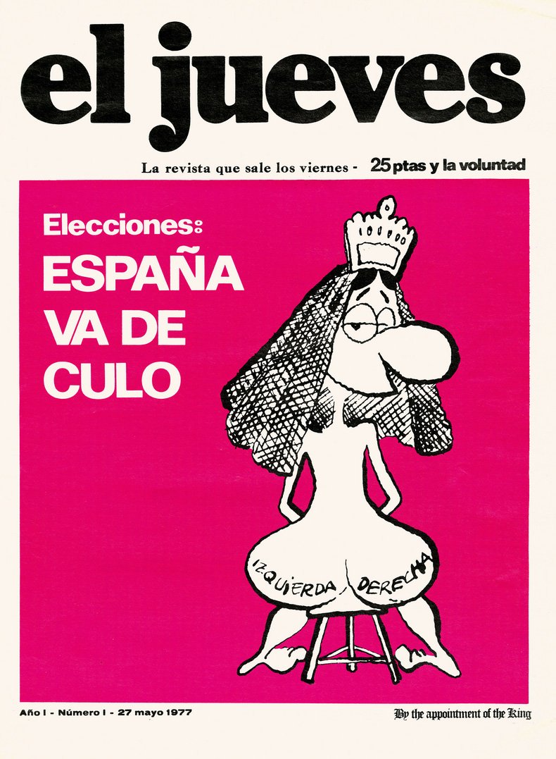 eljueves's tweet photo. Hace exactamente 41 años llegaba los quioscos nuestro 1er número. Corría el año 77 y era habitual que los dibujantes acabasen en los tribunales por hacer chistes, los músicos eran perseguidos por sus creaciones y los grises zurraban a los manifestantes. ¡Cuánto hemos cambiado! https://t.co/yLdJLHygBT