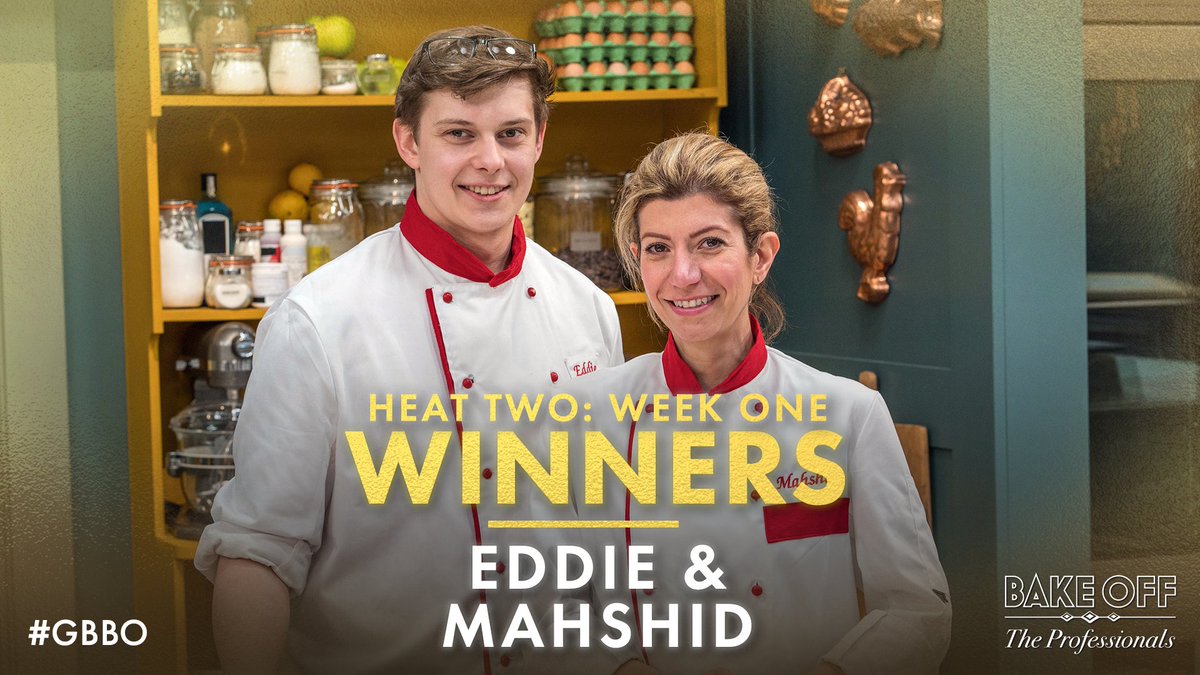 BritishBakeOff's tweet photo. Congratulations to our winners this week - Eddie and Mahshid! #GBBO https://t.co/F6RwWG8E7O