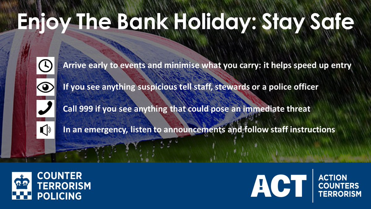 We hope that you're enjoying the #BankHoliday weekend, whatever you're doing! 

Remember look out for each other, have a great a time and if you see anything suspicious, please tell someone. #ActionCountersTerrorism