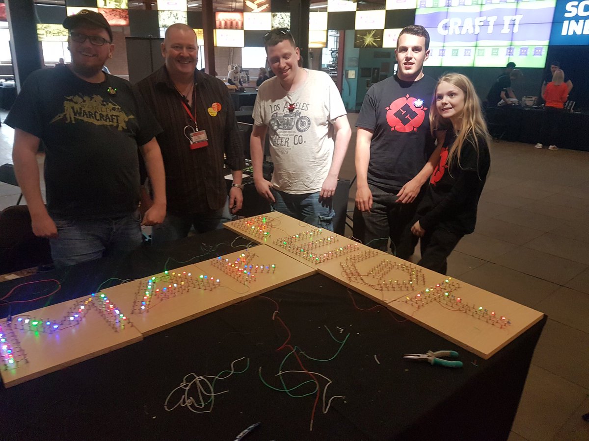ginpitwarrior's tweet photo. Thank you #msimanchester Makefest was awesome...
And this merry band from #leighhackspace managed to complete their challenge of constructing, soldering and illuminating the letters of Makefest...Thanks to everyone who did their bit...Can you spot the LED that you soldered? https://t.co/FNFVAx9jYf