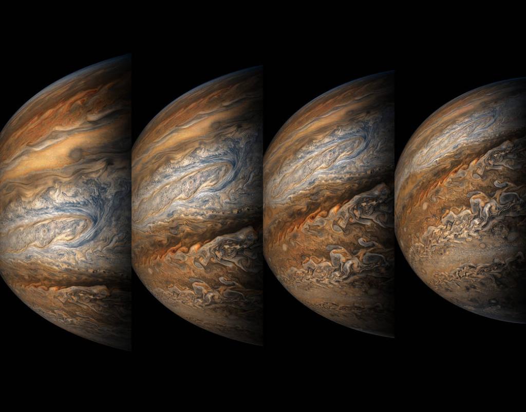 NASA's tweet image. In Greek &amp;amp; Roman mythology, Jupiter drew a veil of clouds around himself to hide his mischief. His wife, the goddess Juno, was able to peer through the clouds &amp;amp; see his true nature, the same way @NASAJuno spacecraft observes planet Jupiter. Take a look: go.nasa.gov/2s7sj4s