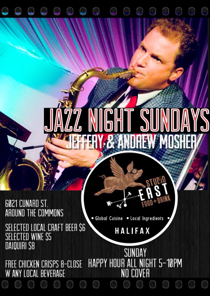 StudioEastHFX's tweet photo. Only here ... TONIGHT! Happy hour all night and live jazz with Jeffrey Mosher of The Mellotones 🍻🍷🍹🎷🎸#halifax #jazz #sundays #happyhour #allnight #localtap #wine #happyhourdaiquiri #bar #dinner #chillax https://t.co/1pVqDJnvRe